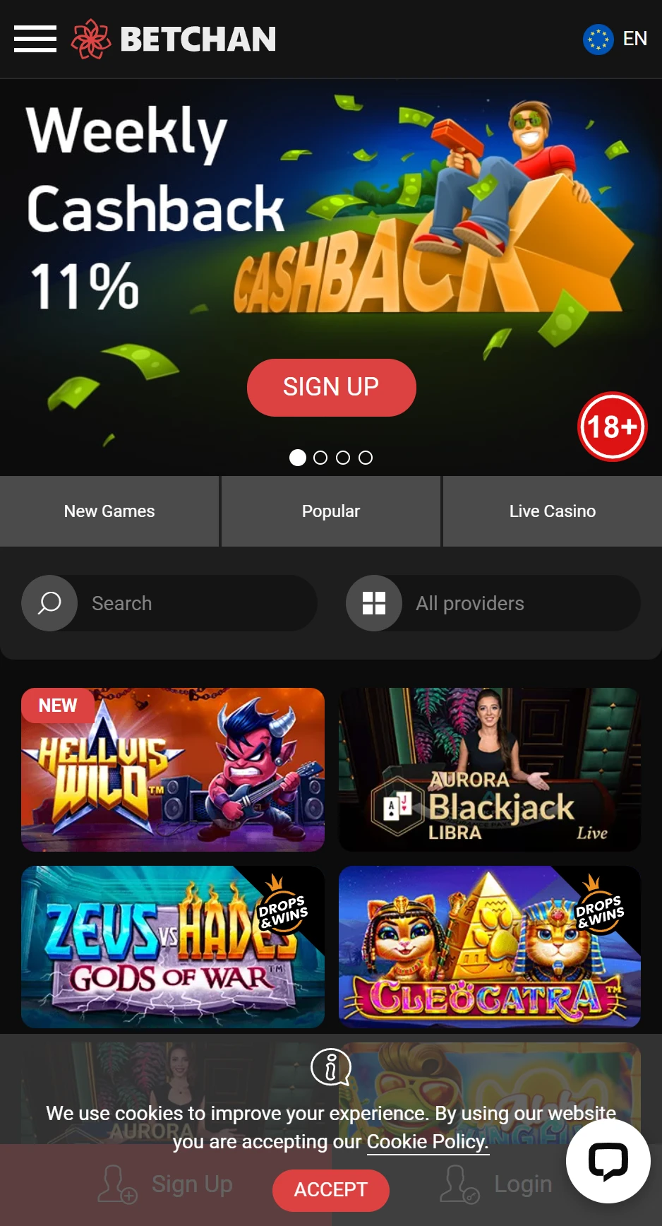 The archived BetChain mobile lobby displays cashback, provider filtering and live casino entries. It records the earlier player interface discussed in this legacy-service dossier.