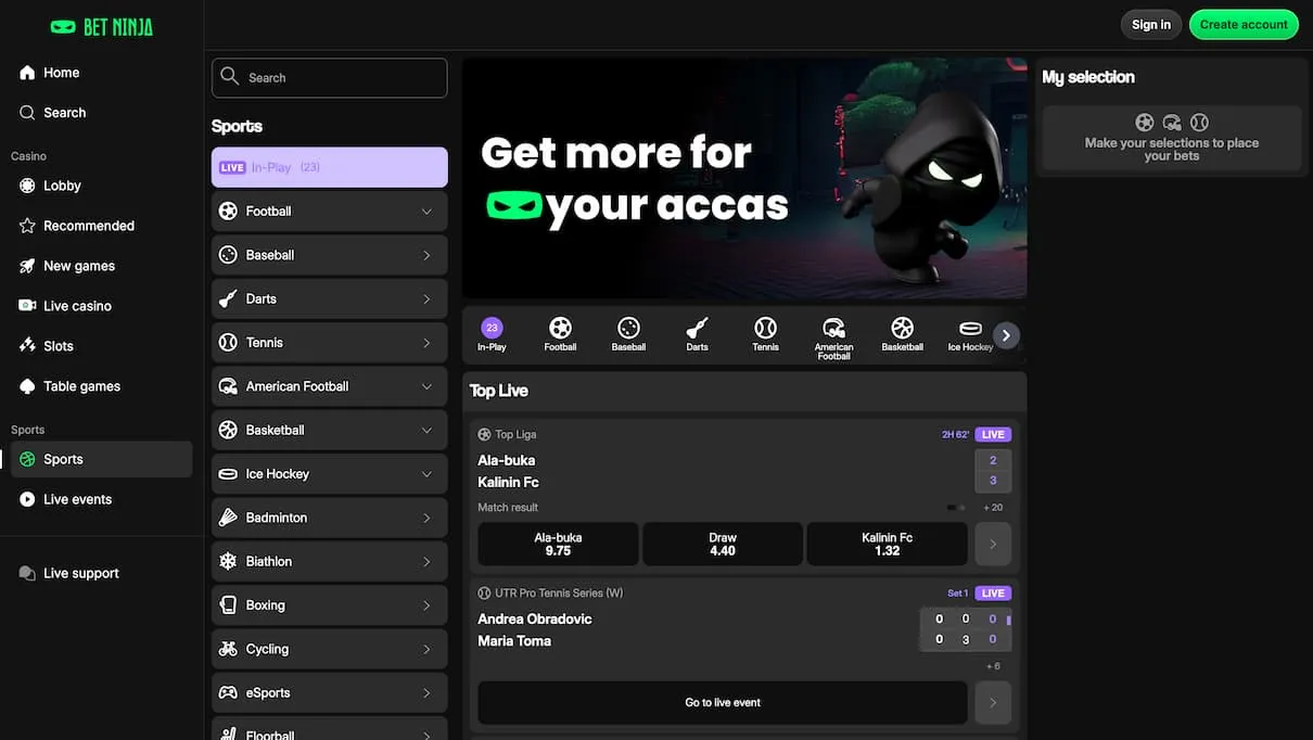 BetNinja's sportsbook separates live events from its casino menu and shows match-result prices with a dedicated selection panel.
