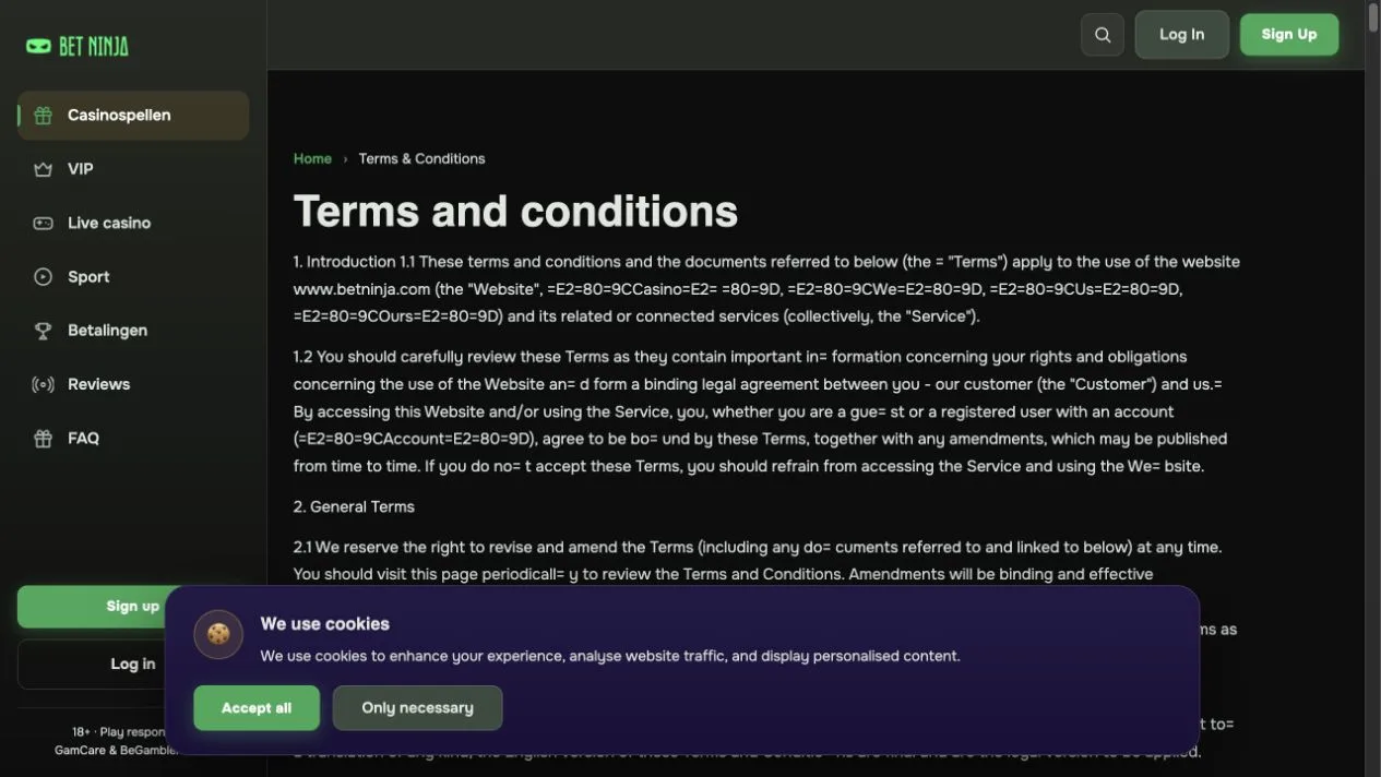 The BetNinja terms page contains visible character-encoding errors, although its opening agreement and amendment clauses remain readable. That presentation defect is part of the captured source.