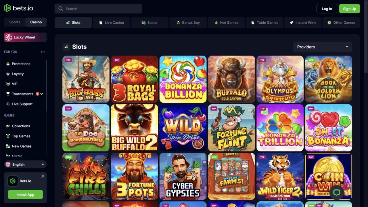 Bets.io distinguishes bonus-buy games, live casino, table games and instant wins in its catalogue, with promotions and loyalty features in a separate sidebar.