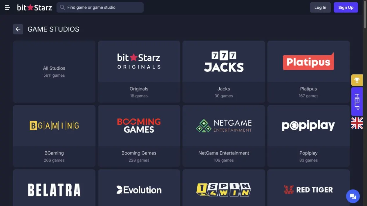 BitStarz's studio directory shows 18 Originals alongside third-party collections such as BGaming and Booming Games. The game counts describe that catalogue snapshot and can change as titles are added or removed.
