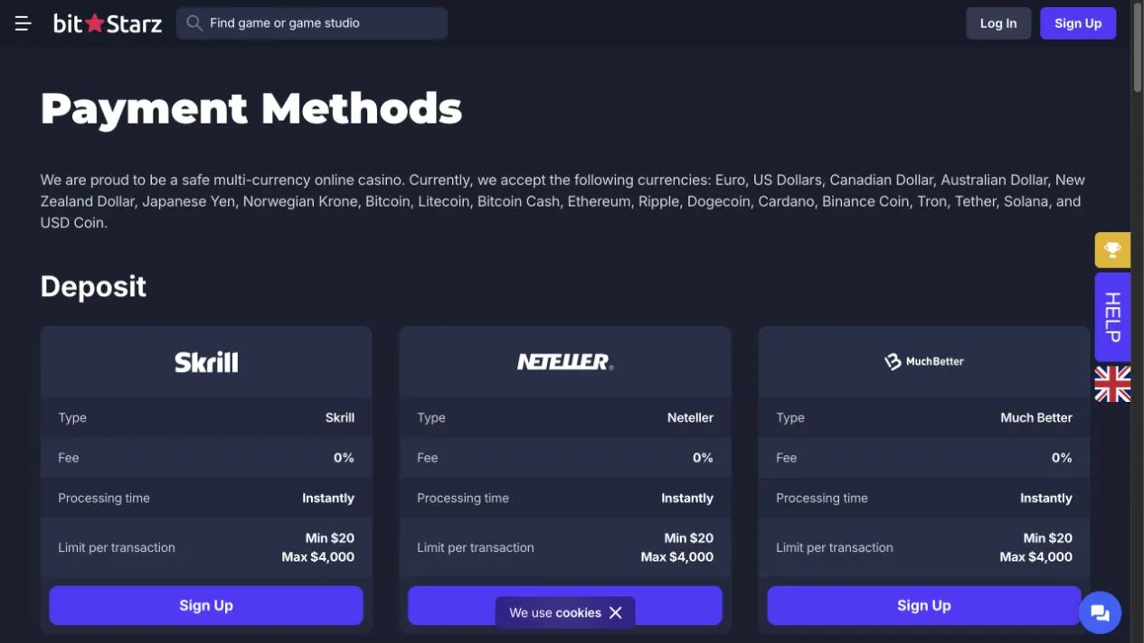 BitStarz's payment page is on the deposit tab: the visible Skrill, Neteller and MuchBetter cards show USD 20–4,000 per transaction. Those figures describe deposits through those methods, not crypto withdrawal limits.
