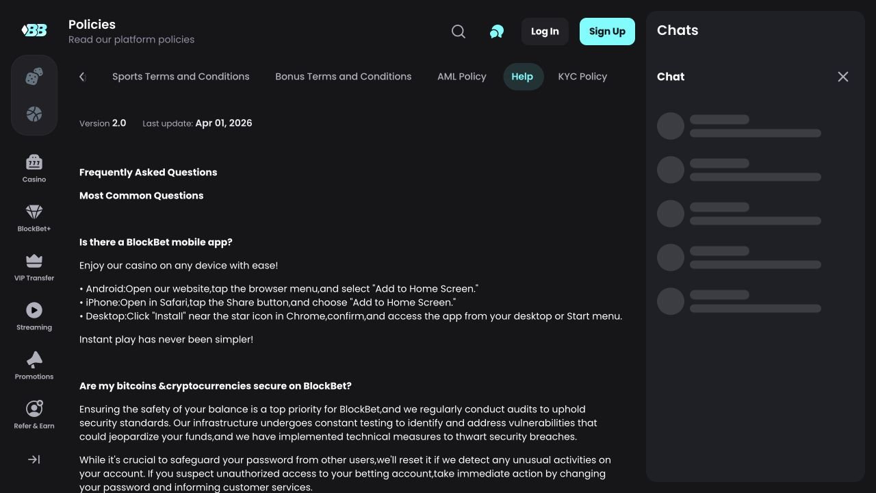 BlockBet's help page explains installation through the browser and advises contacting support after suspected account access. Its general security statements appear here without a named audit report; this capture is not a payment-policy page.