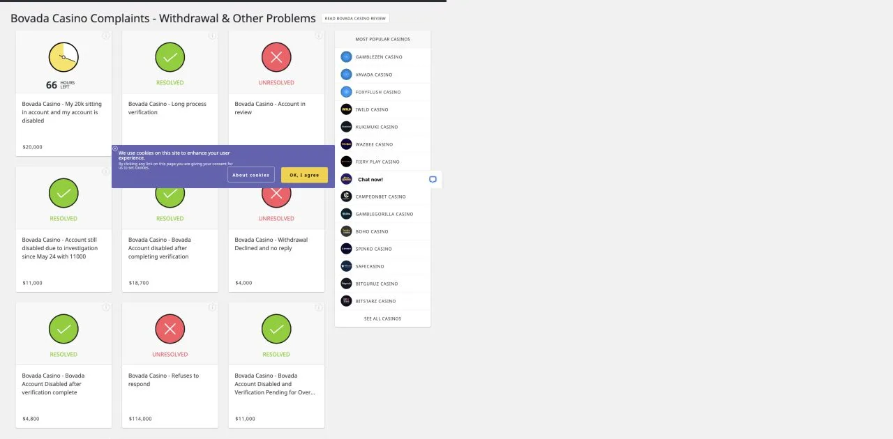 This complaint directory shows Bovada disputes about disabled accounts, verification and declined withdrawals. Both resolved and unresolved cases are visible; the listed amounts belong to individual complaints, not a general withdrawal limit.