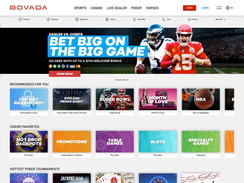 Bovada's captured homepage presents sports, casino, live dealer games, poker and horses under separate sections. Its Super Bowl welcome banner illustrates the promotion visible then, rather than an ongoing payout condition.