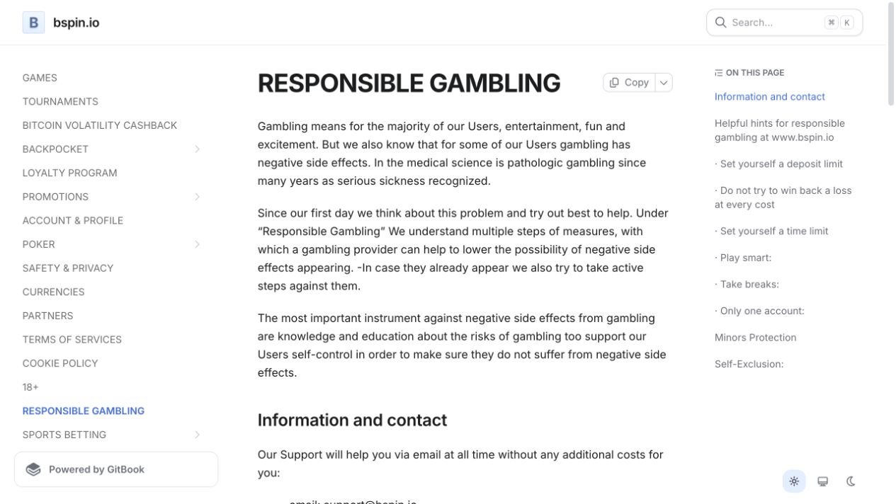 Bspin's responsible-gambling guide provides sections on deposit limits, time limits and self-exclusion, plus a support contact route. The visible page introduces these resources; it does not demonstrate a limit being applied to an account.