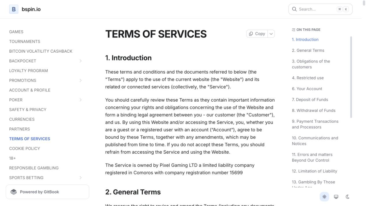 Bspin's terms identify Pixel Gaming LTD in Comoros as the service owner. The contents list separates deposits, withdrawals and payment processors, but the open introduction does not contain their detailed conditions.