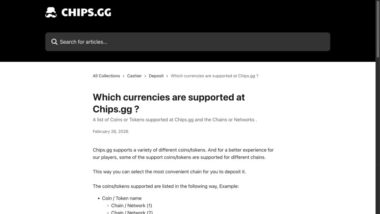 Chips.gg's help article distinguishes a coin or token from the chains used to transfer it. The visible introduction explains why selecting a supported asset also requires choosing the correct deposit network.
