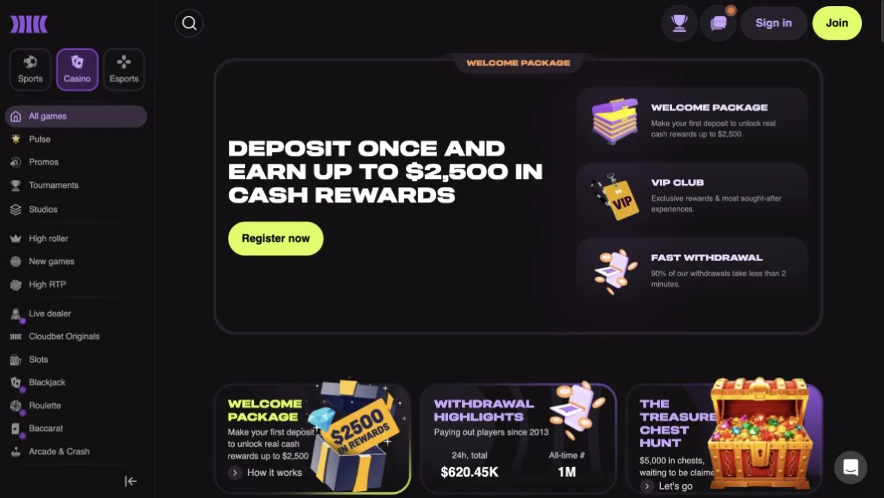 Cloudbet's casino page publishes withdrawal statistics and claims 90% take under two minutes. These are site-reported figures shown beside casino categories and welcome-package marketing.
