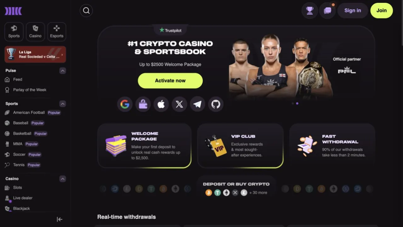 Cloudbet's homepage presents crypto deposit options, its VIP club and a fast-withdrawal claim together. The account-level conditions are documented separately in the verification guide.