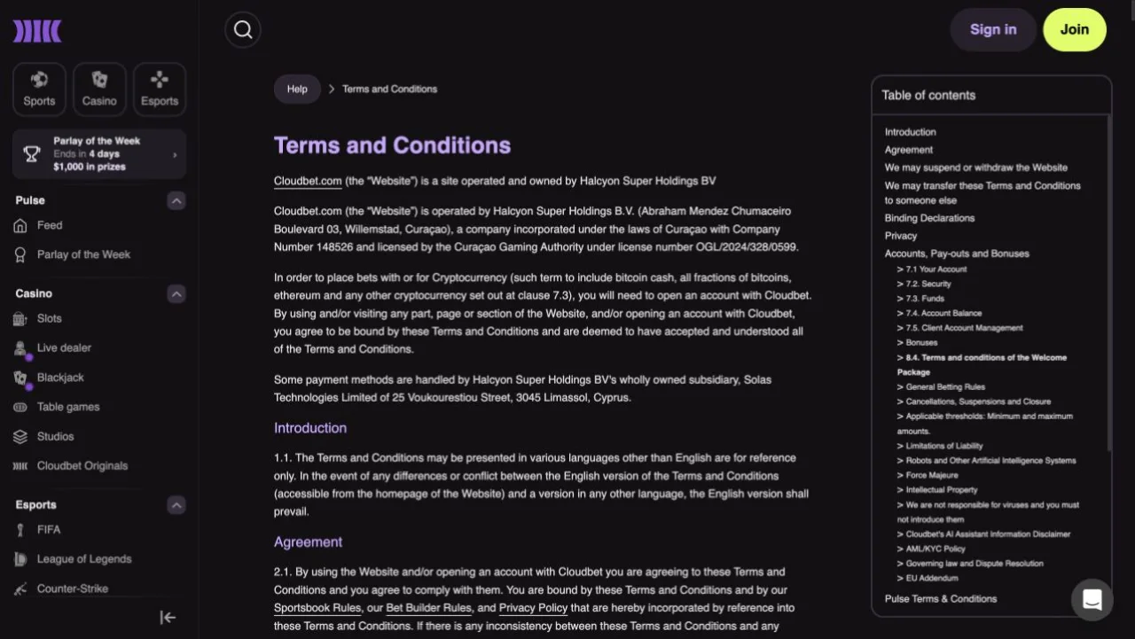 Cloudbet's terms name Halcyon Super Holdings B.V. and its payment subsidiary, then specify that the English version prevails if translated terms conflict.