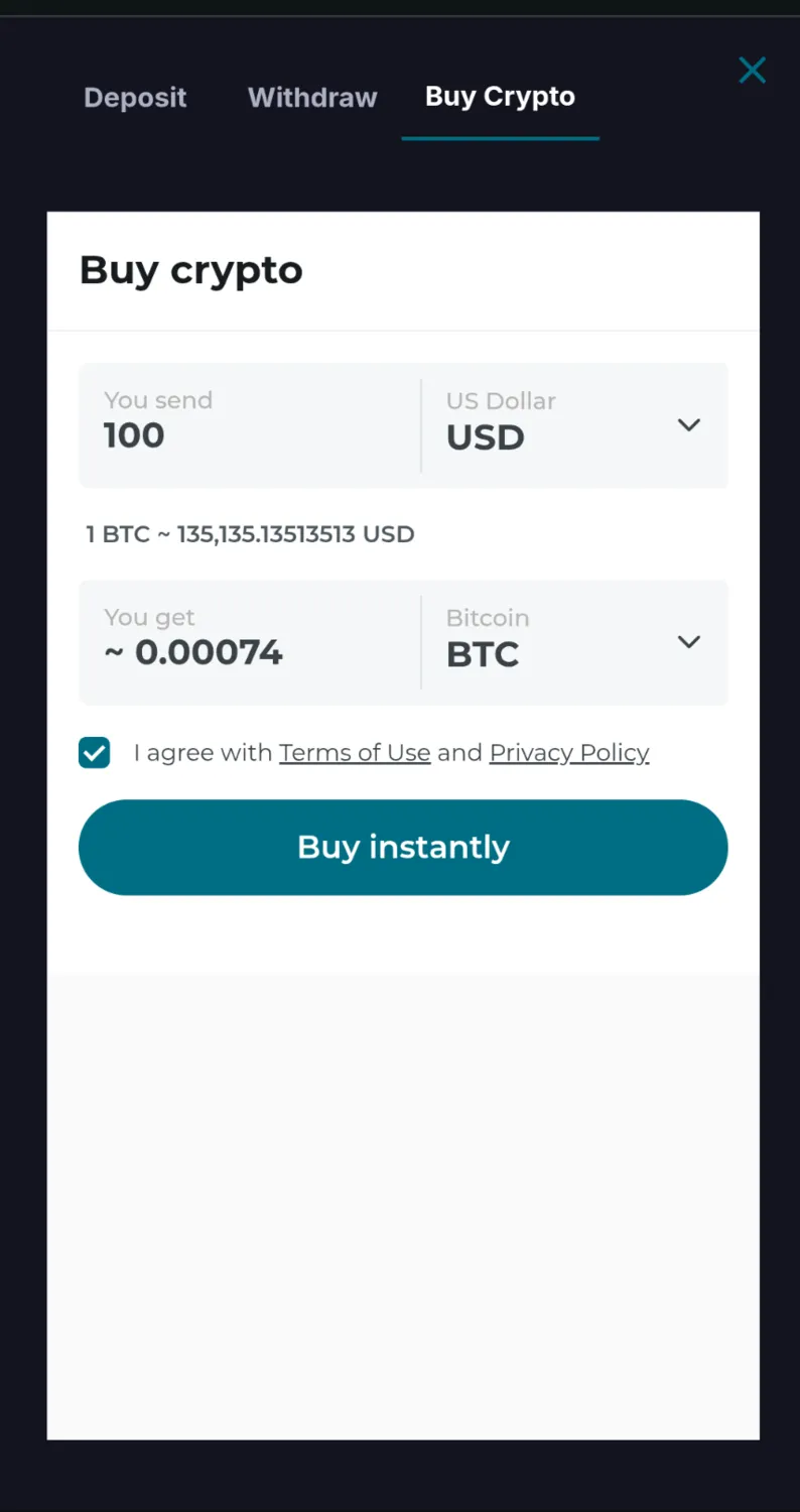 CoinCasino's Buy Crypto widget converts a USD input into an estimated BTC amount and requires acceptance of purchase terms. The displayed quote is historical and separate from a casino withdrawal fee.