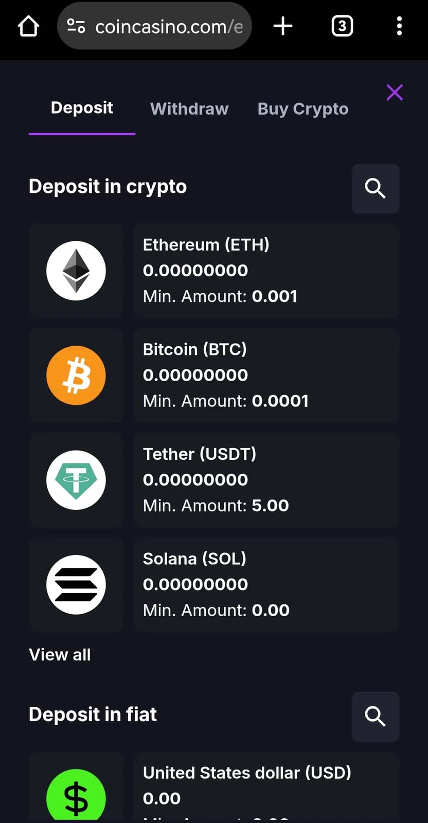 CoinCasino's deposit selector shows asset-specific minimums, including 0.001 ETH, 0.0001 BTC and 5 USDT in the captured interface, with fiat funding listed separately.