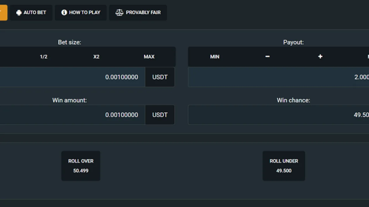 Crypto.Games' dice screen pairs a 2× payout with a 49.5% win chance. This demonstrates the game's odds setting; the displayed bet and win amounts are interface values, not an account cashout limit.