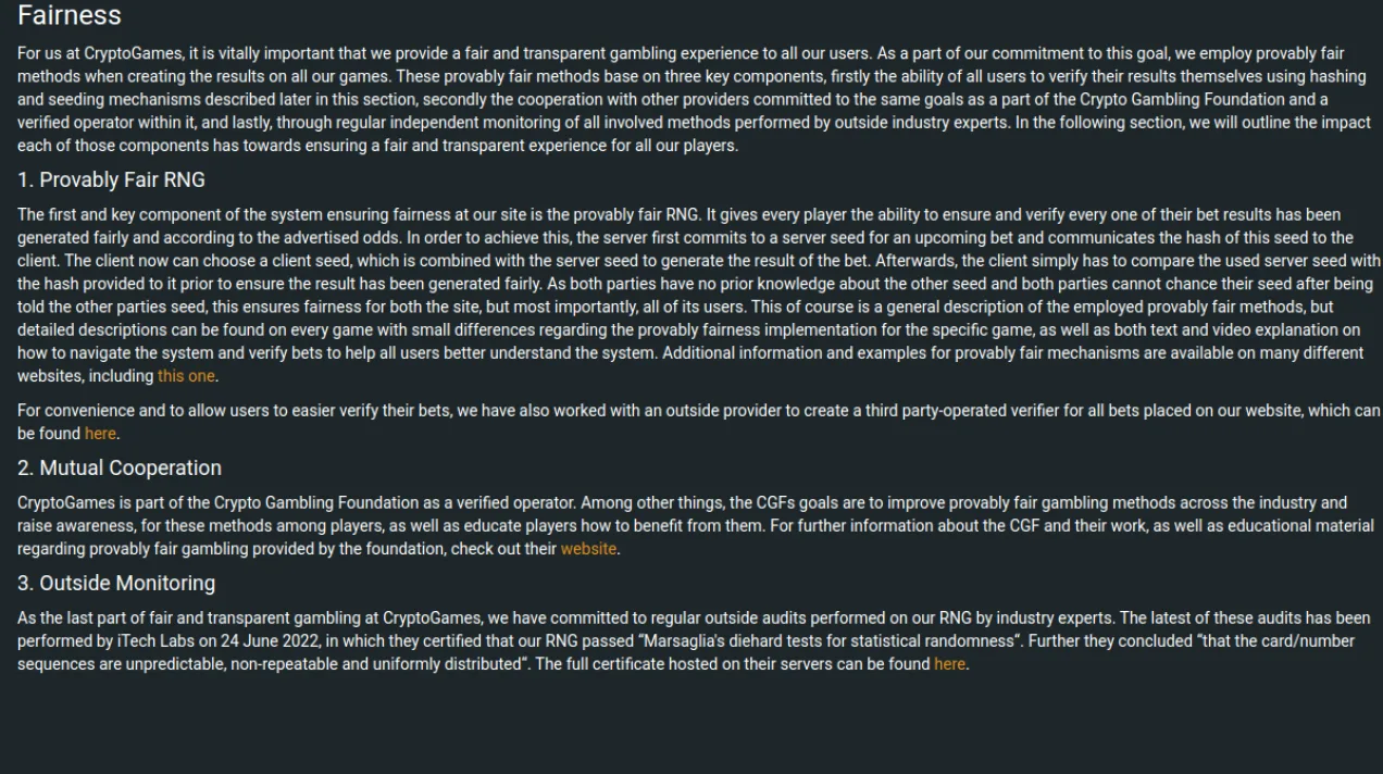 Crypto.Games explains seed-based result verification and links to an outside verifier. Separate sections discuss cooperation and external monitoring; these concern game fairness, rather than the approval or speed of a withdrawal.