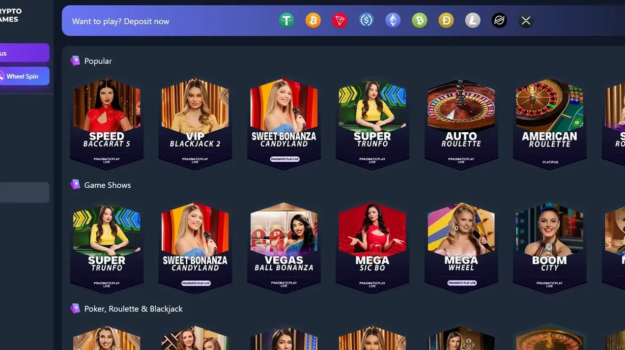 Crypto.Games' catalogue includes live baccarat, game shows and roulette alongside its other games. The studio labels help distinguish third-party titles from house games covered by the site's own fairness explanation.