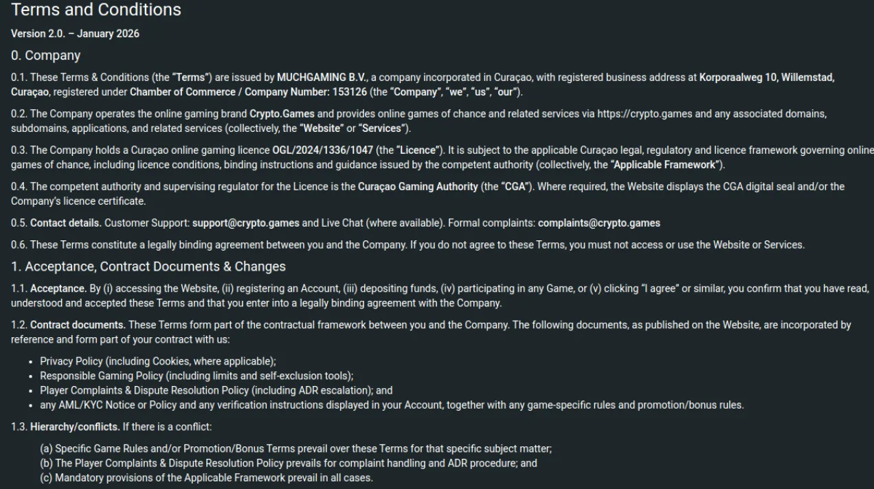 Crypto.Games' January 2026 terms separate customer support from formal complaints and specify which rules take precedence. Game or bonus terms govern their particular subject, while the dispute policy governs complaint handling.