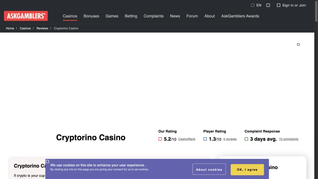 The captured AskGamblers Cryptorino overview separates its editorial score, four player reviews and ten complaints. Those sample counts matter when interpreting the displayed ratings and response time.