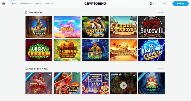 Cryptorino's catalogue separates new releases from weekly selections and exposes casino, live casino, sports and VIP navigation above the game tiles.