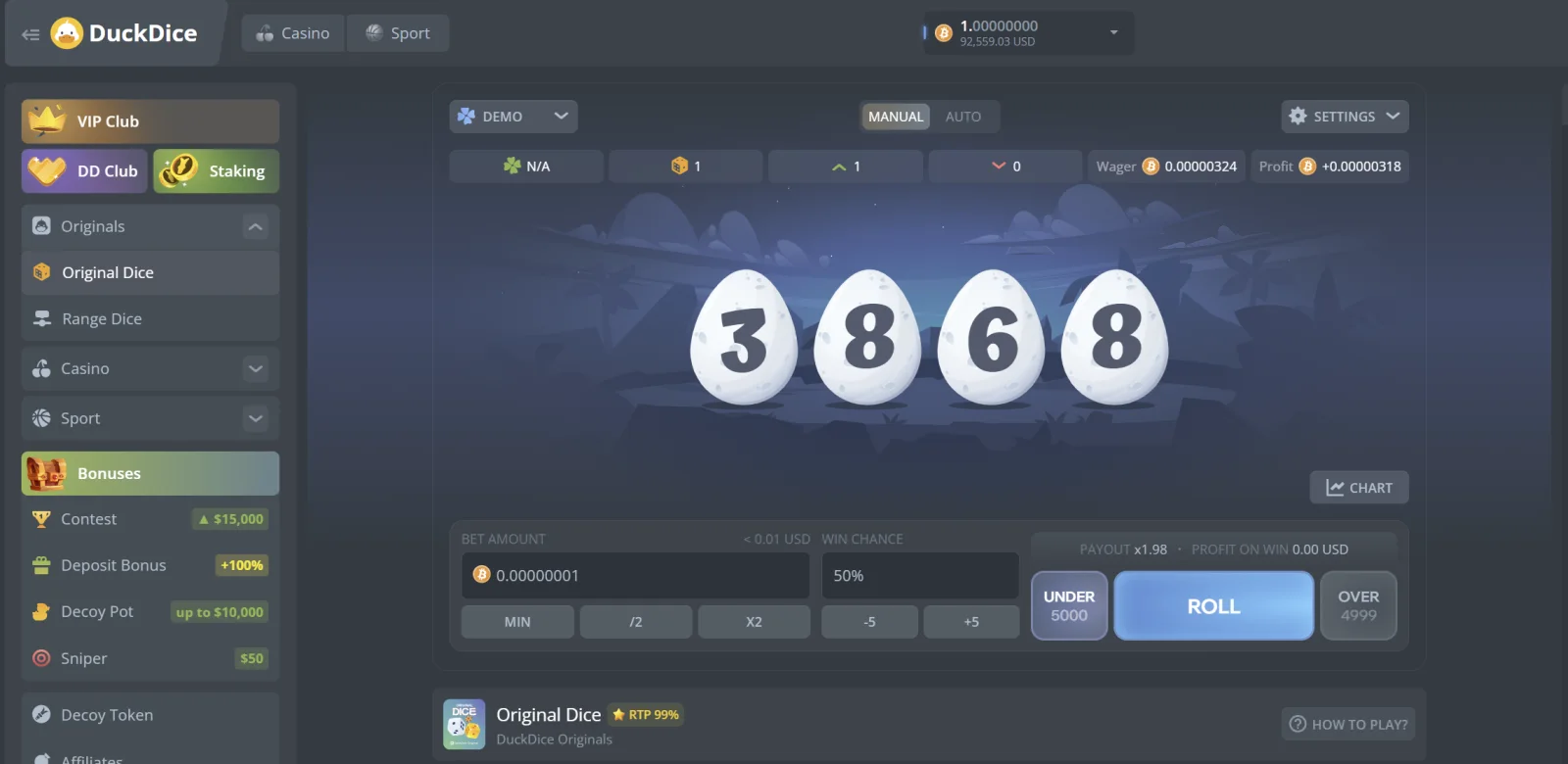 DuckDice's Original Dice screen is in demo mode and shows 99% RTP, a 50% win chance and a 1.98× payout. Those settings describe the game example, not evidence of a real-money payout.