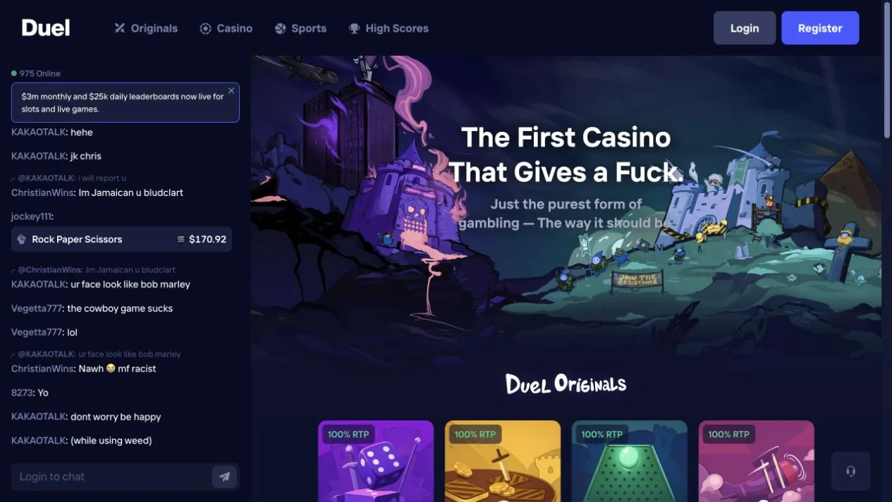 Duel's homepage puts its Originals and leaderboard promotions at the centre of the interface. The displayed RTP claims relate to the games being promoted; they do not describe account withdrawal limits.