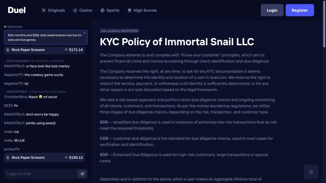Duel's KYC policy permits payment or withdrawal restrictions until identity is established. It distinguishes simplified, standard and enhanced checks, with the enhanced category covering higher-risk customers and large transactions.