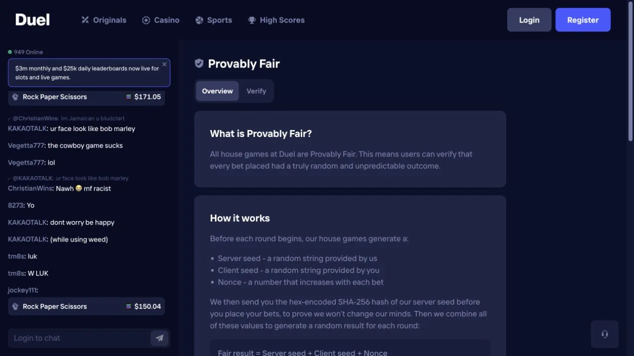 Duel's fairness explanation describes a server-seed hash published before betting, combined with a client seed and nonce. This is a mechanism for checking house-game outcomes, separate from how withdrawals are approved.