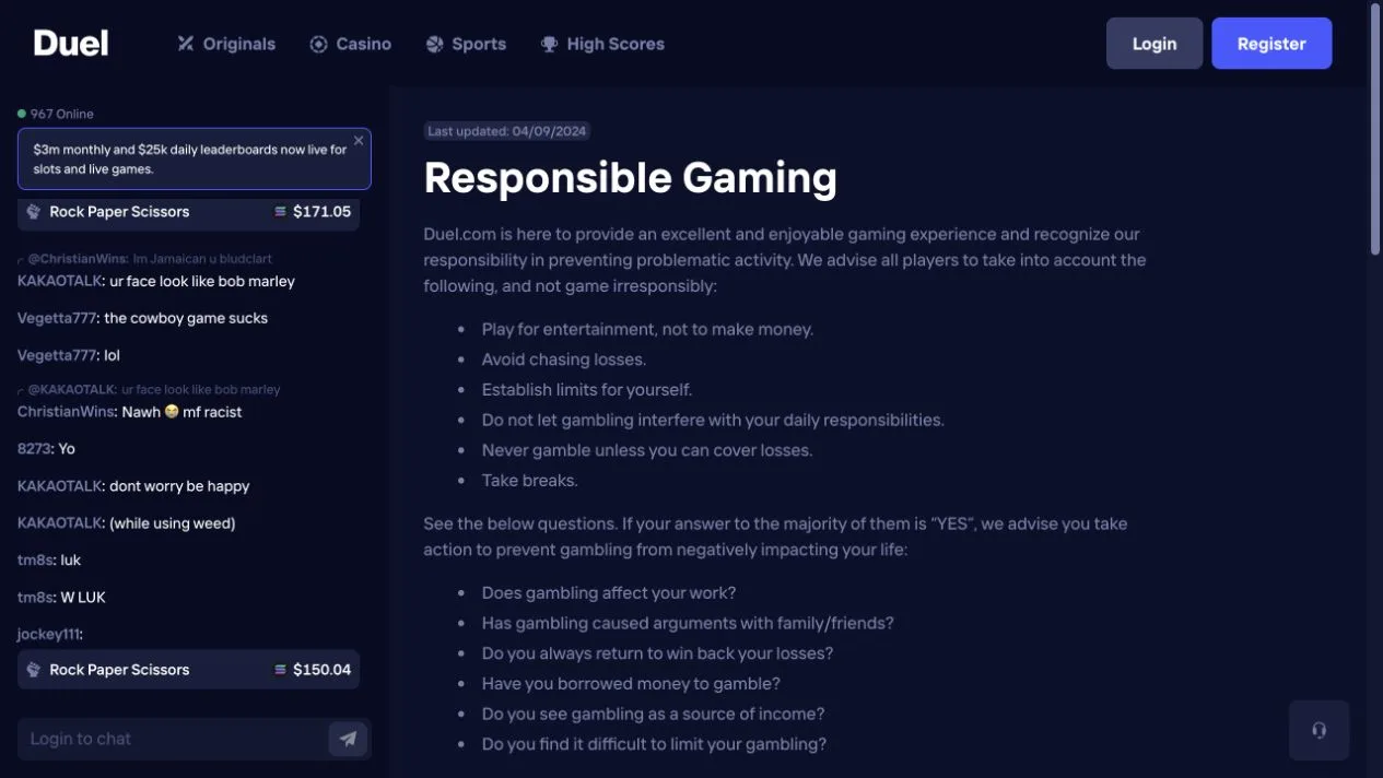 Duel's responsible-gaming page advises setting limits, taking breaks and avoiding loss-chasing. The captured section is guidance and a self-assessment questionnaire, rather than a screen showing account-level spending controls in use.