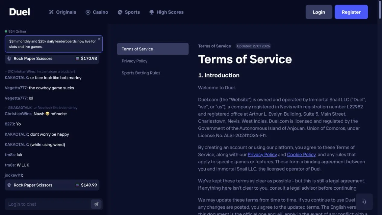 Duel's terms dated January 27, 2026 identify Immortal Snail LLC in Nevis and cite an Anjouan licence. The excerpt establishes the contracting entity stated by the site, not the outcome of a withdrawal request.