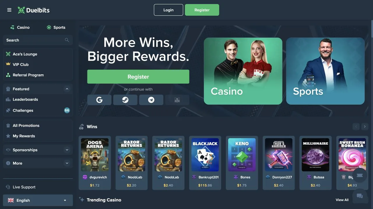 Duelbits places casino and sports entry points beside VIP, challenges and rewards navigation. The recent-win feed illustrates the lobby rather than an account withdrawal history.