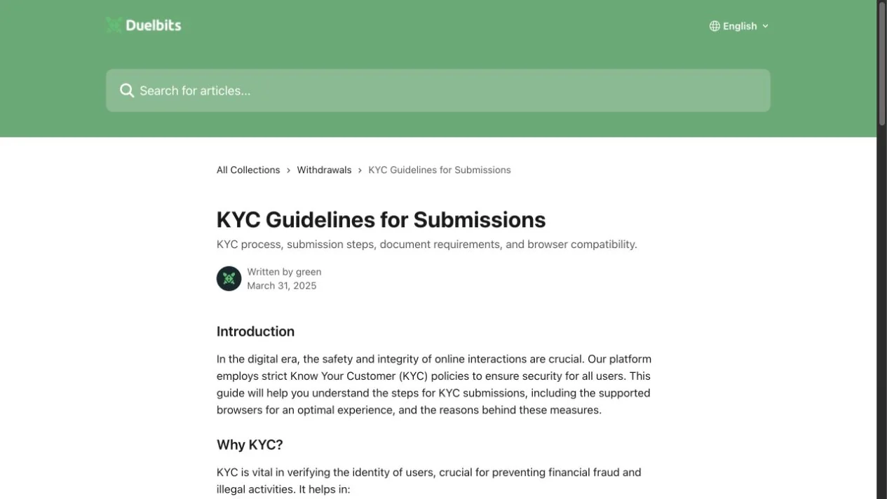 Duelbits' KYC guide introduces document submission and browser compatibility as parts of verification. It explains why identity checks can affect access to account services.