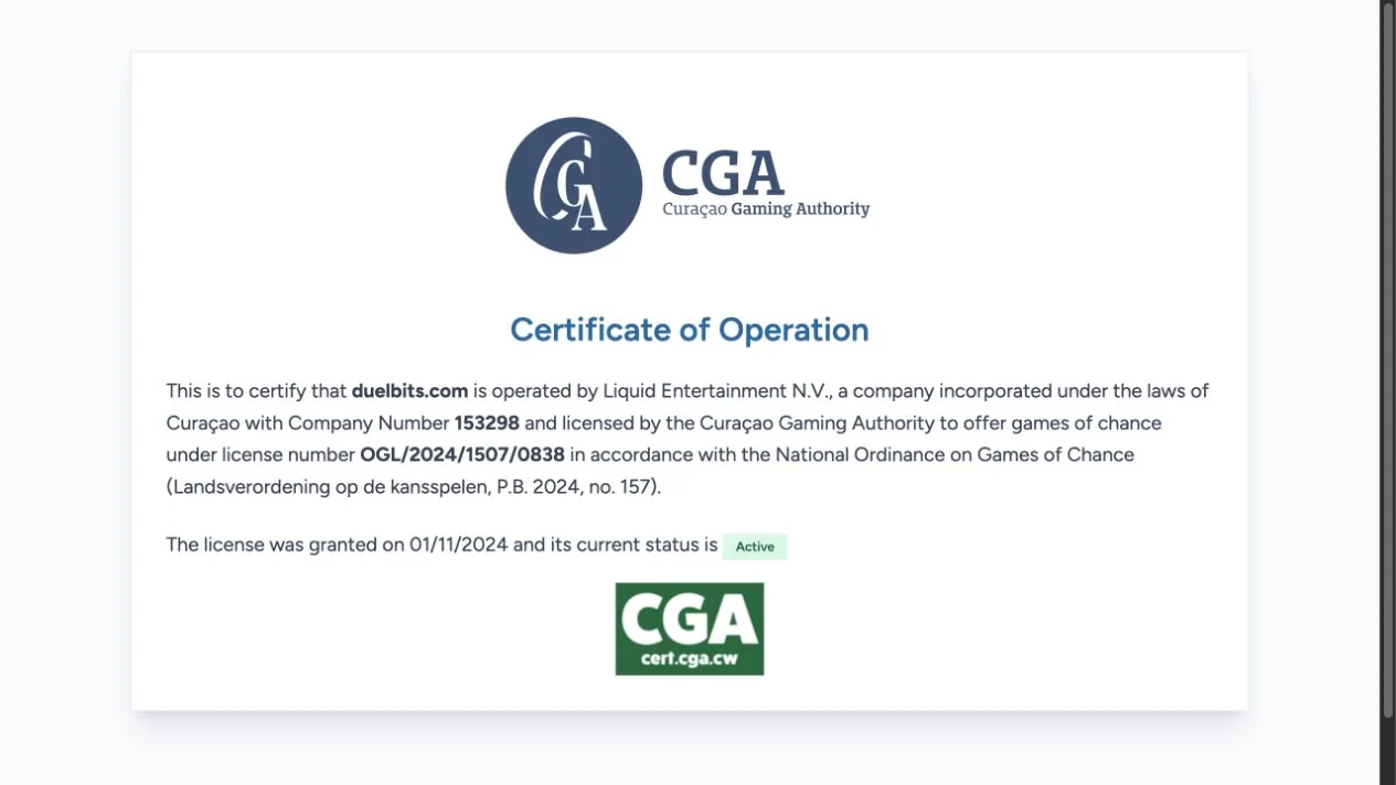 The captured CGA certificate names Liquid Entertainment N.V., company 153298, as duelbits.com's operator under licence OGL/2024/1507/0838.