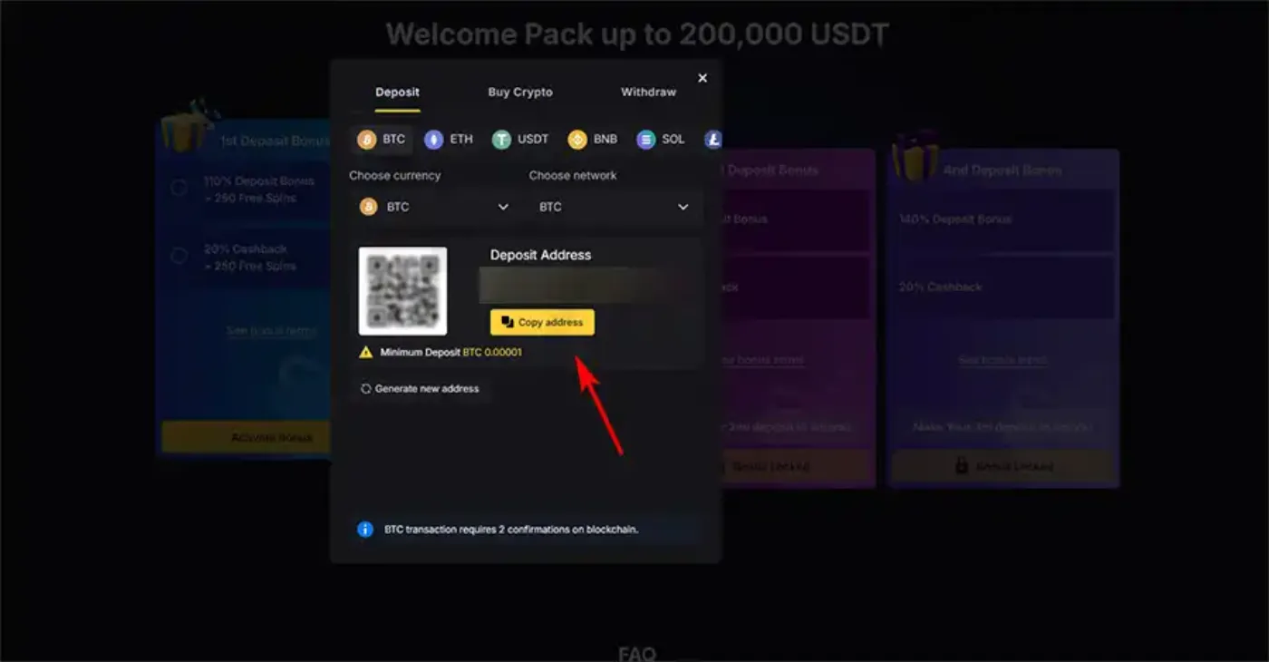 FortuneJack's deposit form separates currency from network and displays a 0.00001 BTC minimum for the selected route. This screen is about funding the account; withdrawal minimums must be read from the cashout form.