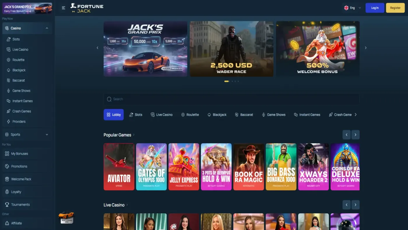 FortuneJack's lobby separates slots, live tables, instant games and crash games. The welcome bonus and wager-race banners are promotional features; they do not establish the account's maximum withdrawal or a guaranteed return.