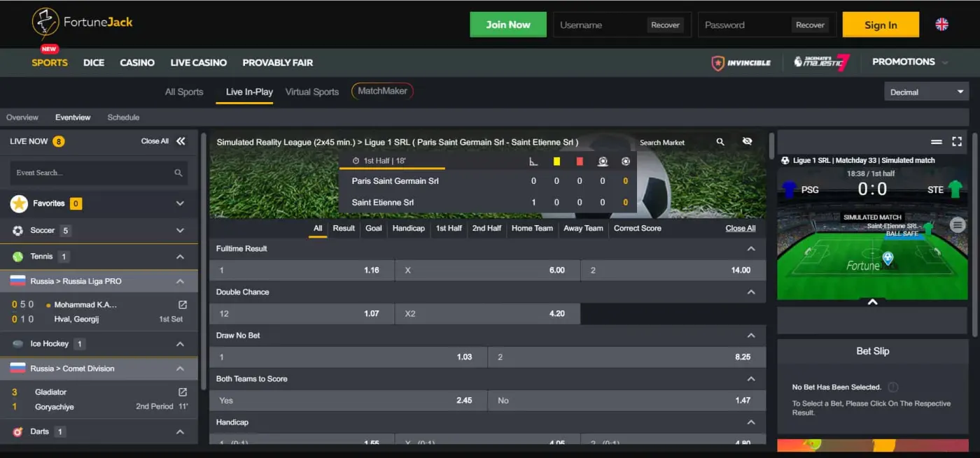 FortuneJack's sportsbook capture includes live markets and a match explicitly labelled as simulated. The bet slip and market prices illustrate the betting interface; they are not evidence of a completed wager or payout.