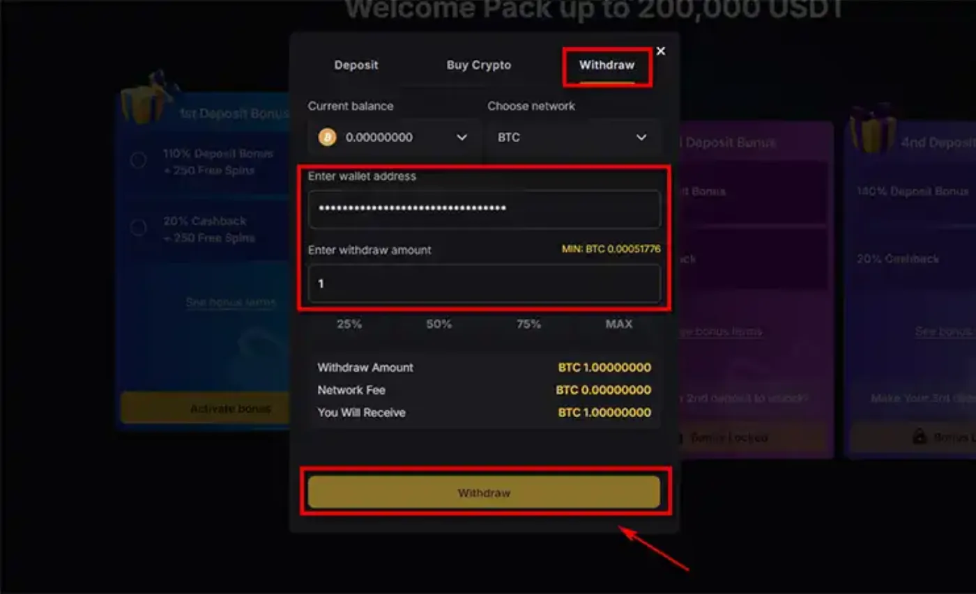 FortuneJack's BTC withdrawal form displays a 0.00051776 BTC minimum and separate network-fee and net-receipt fields. The entered 1 BTC amount is a form example, not a stated withdrawal ceiling or a completed payment.
