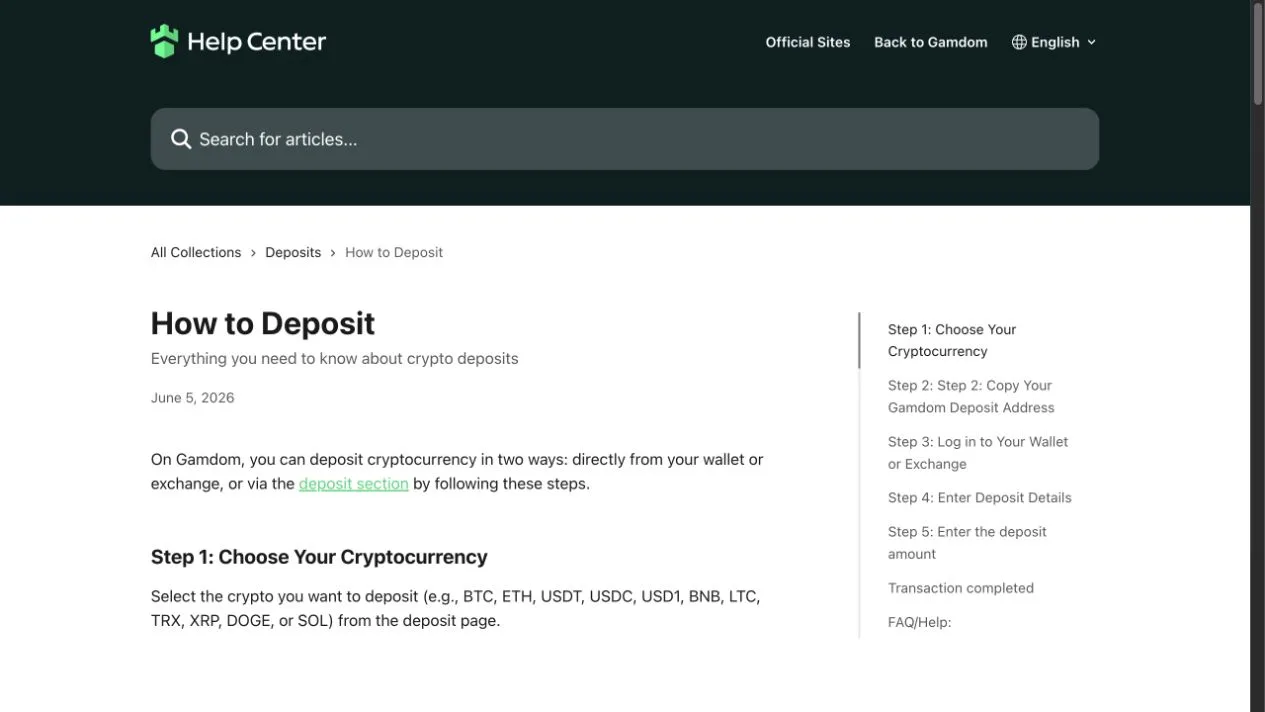 Gamdom's deposit walkthrough starts by selecting the cryptocurrency before copying its deposit address. The displayed list includes BTC, stablecoins and several other assets.