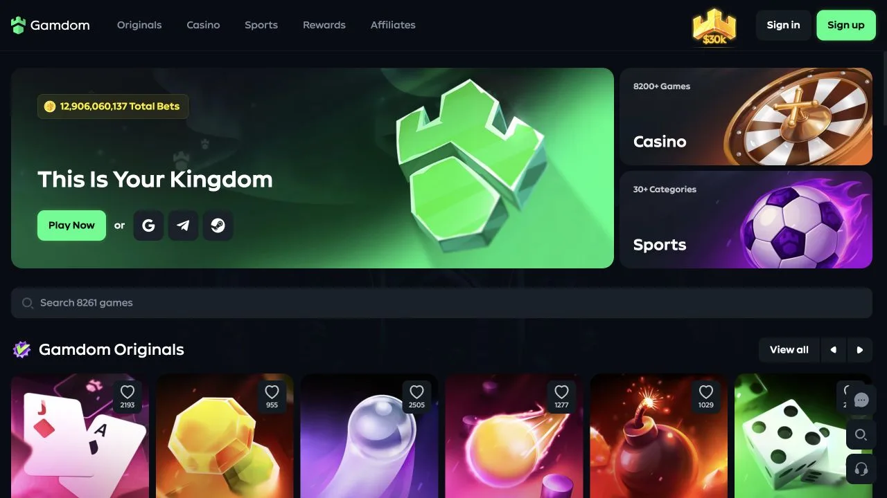 Gamdom's lobby places its Originals beneath separate casino and sports entry points, with game search available above the catalogue.