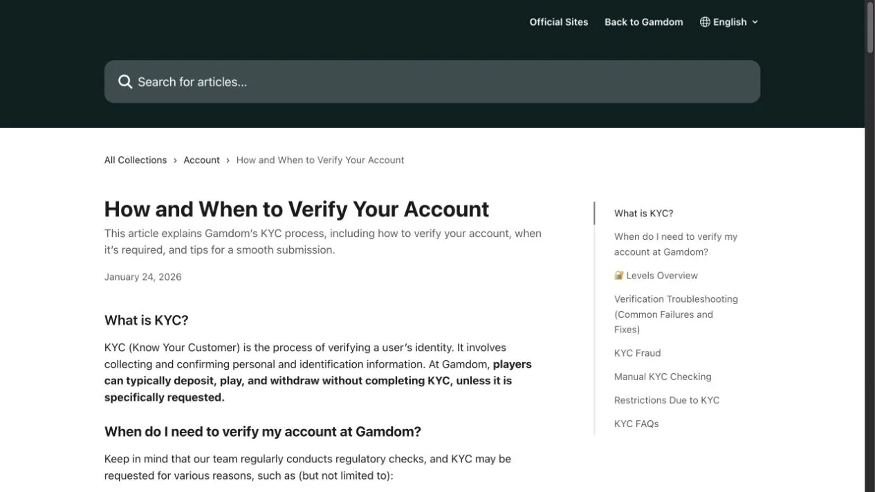 Gamdom's verification guide says KYC is not normally needed unless requested, while reserving regulatory checks. The sidebar separates verification levels, manual checking and account restrictions.