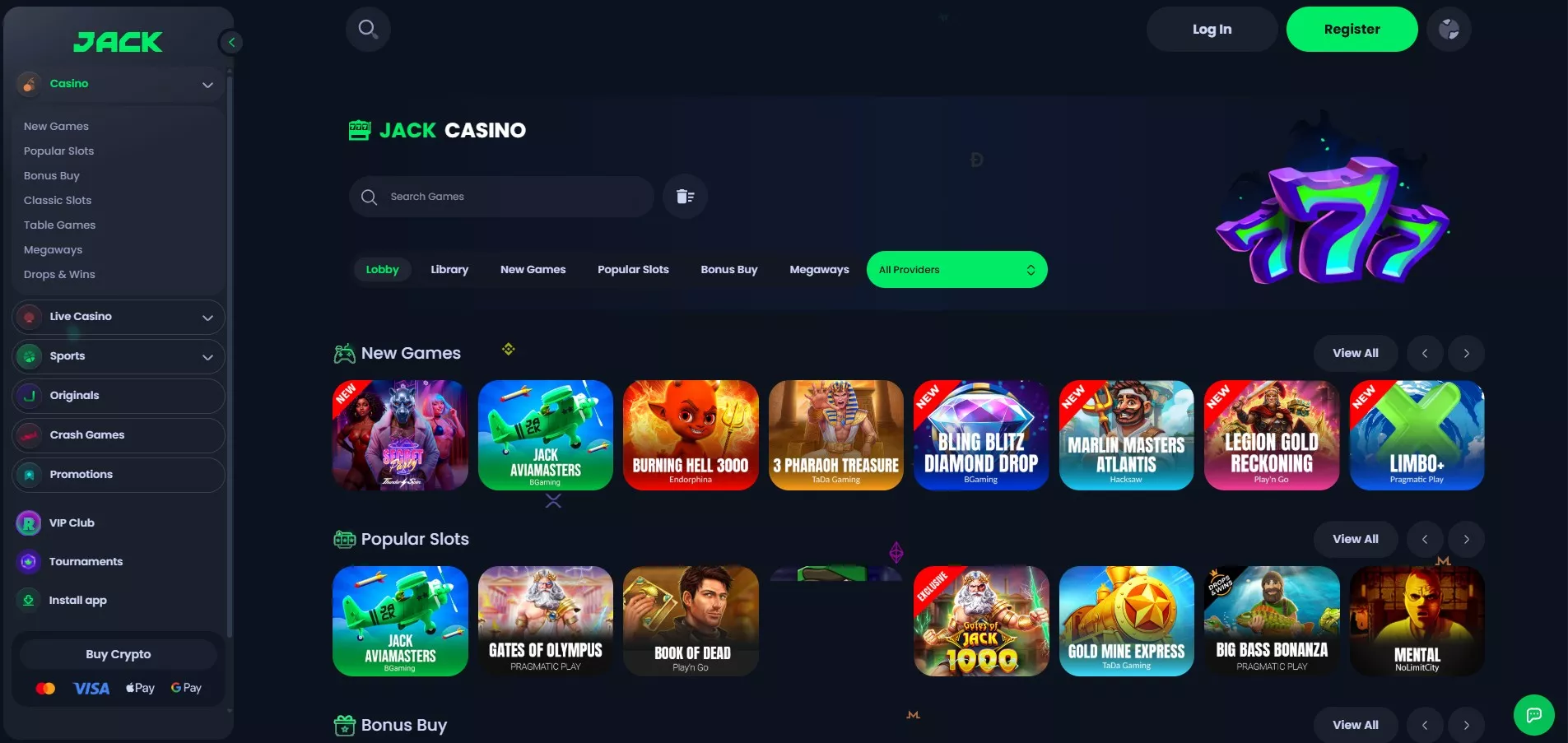 The JACK-branded casino interface groups new games, bonus-buy slots, Megaways and Originals. It provides catalogue context for this dossier; the screenshot itself does not show deposit or withdrawal conditions.