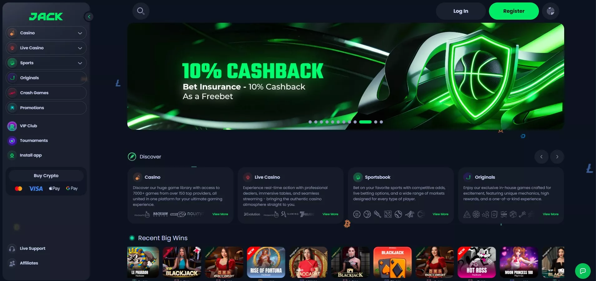 JACK's homepage distinguishes casino, live casino, sportsbook and Originals. Its 10% cashback banner specifies a freebet, a different benefit from cash credited directly to a withdrawable balance.