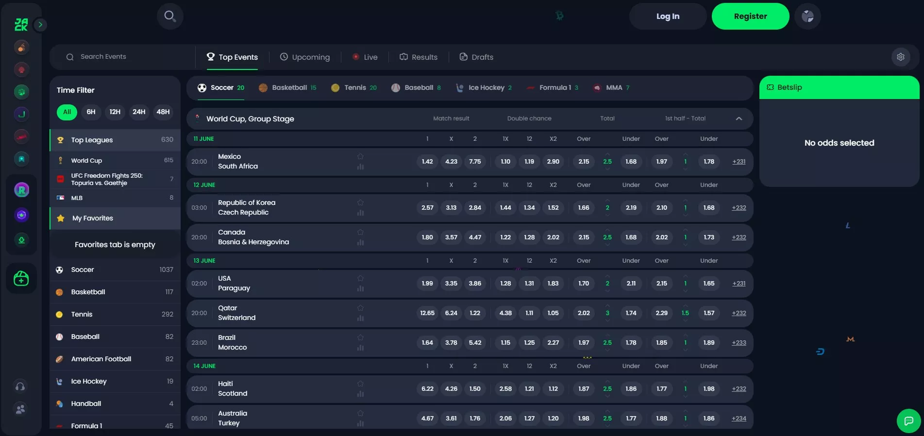 JACK's sportsbook screen offers match-result, double-chance and total-goals markets with an empty bet slip. Event lists and odds are a dated interface snapshot, not confirmation that a particular stake would be accepted.