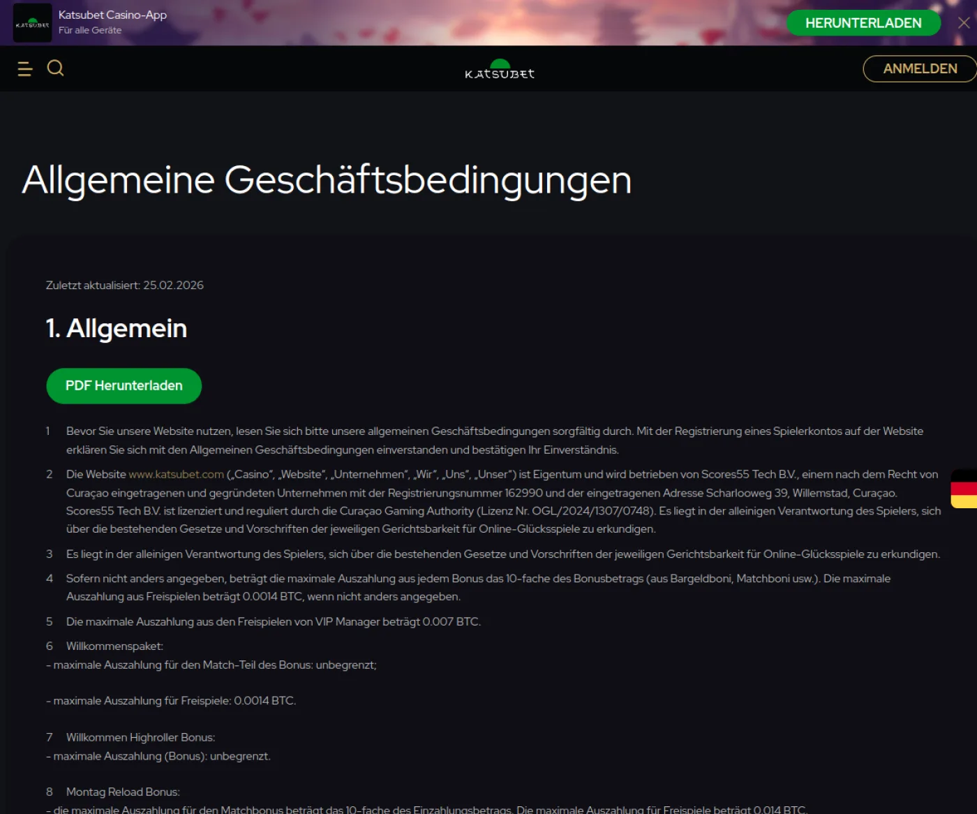 Katsubet's German terms identify Scores55 Tech B.V. and separate matched-bonus cashout rules from free-spin ceilings, including 0.0014 BTC for ordinary free-spin winnings in the captured text.