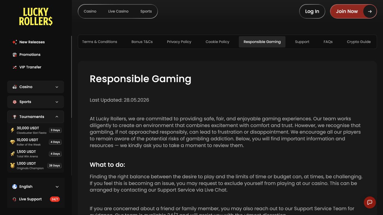 Lucky Rollers' responsible-gaming page directs self-exclusion requests to live support and describes support for concerns about another person's gambling.