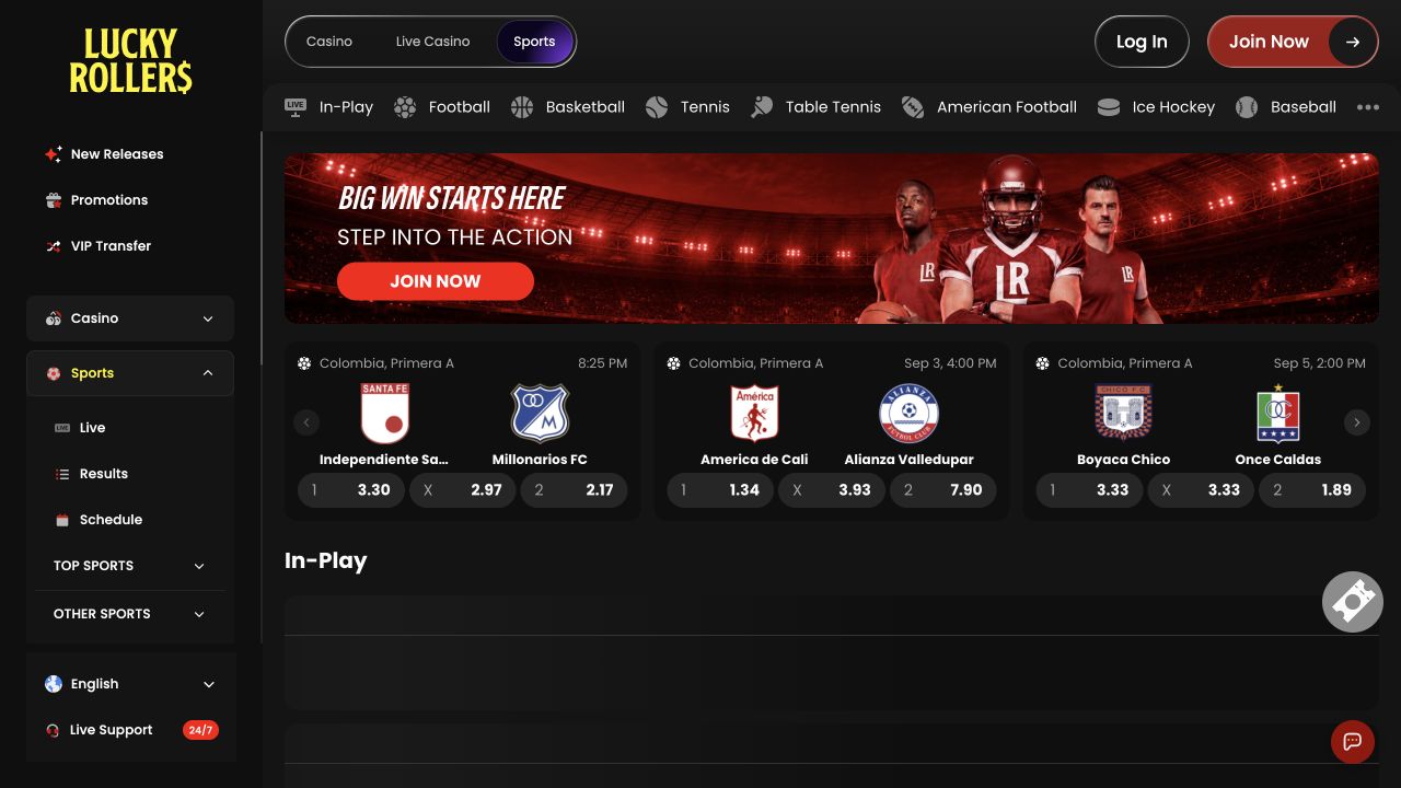 Lucky Rollers' sportsbook shows live and scheduled fixtures separately, with match-result prices and navigation for football, basketball, tennis and other sports.