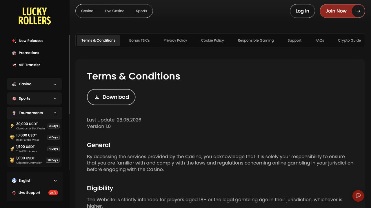 Lucky Rollers dates this version of its terms to 28 May 2026 and identifies it as version 1.0. Its opening section sets player eligibility before the later payment clauses.