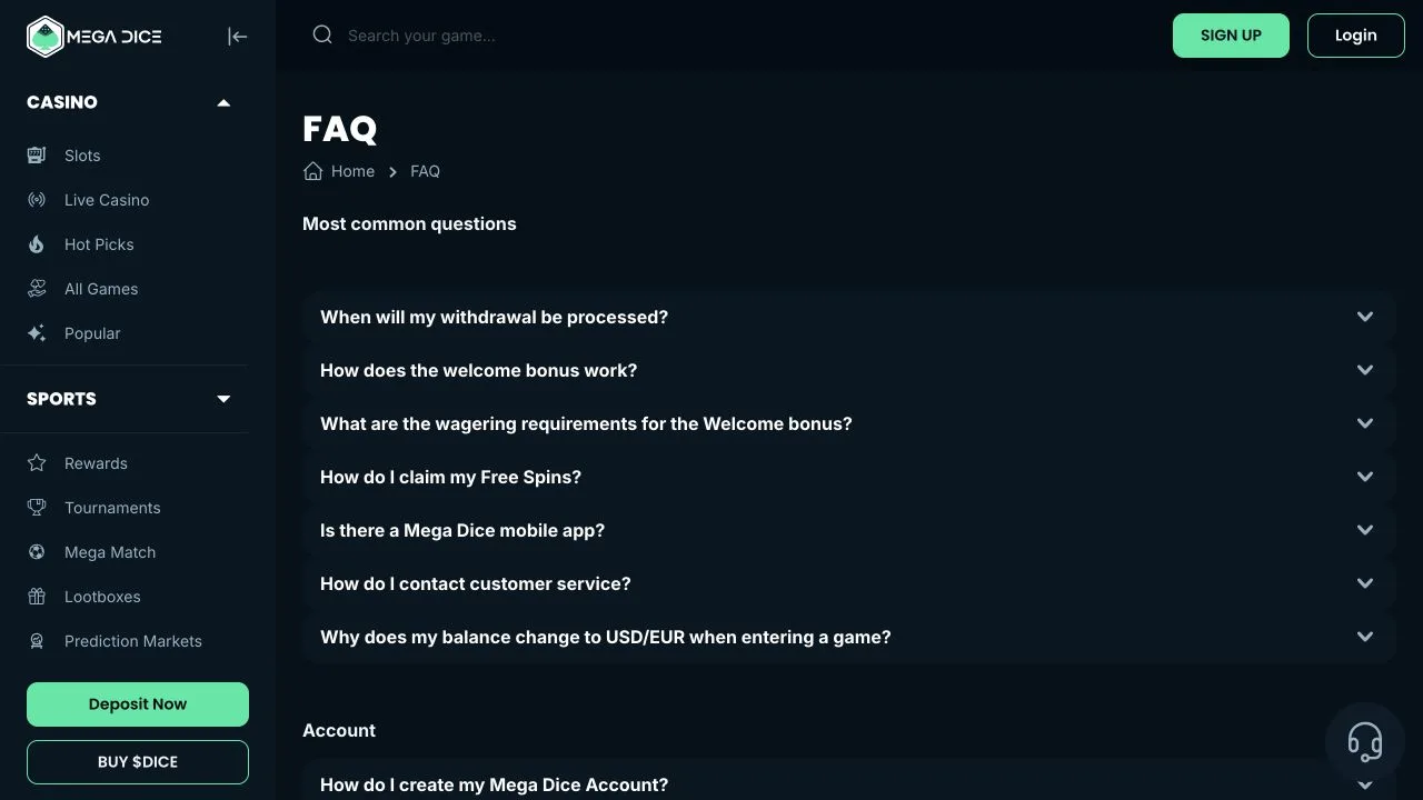 Mega Dice's FAQ lists withdrawal processing, welcome-bonus wagering and game-currency conversion as separate questions. The answers are collapsed in this captured view.