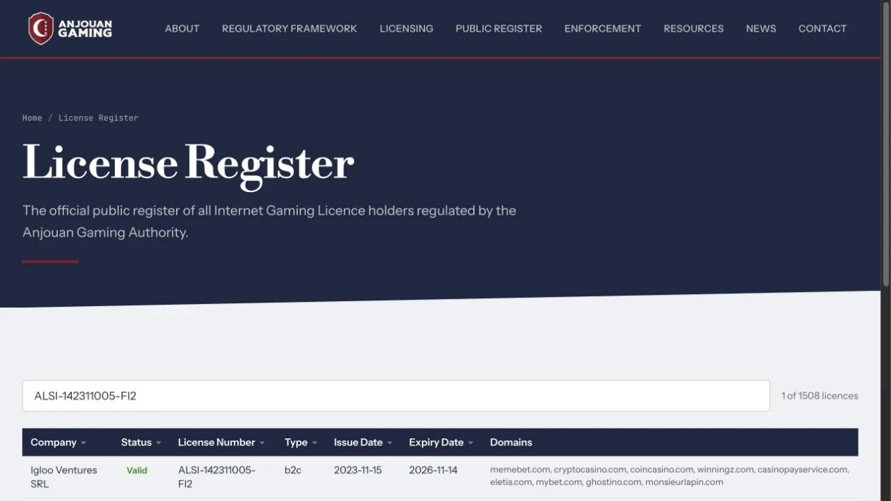 This archived register entry is for Igloo Ventures SRL and lists domains including cryptocasino.com and coincasino.com. Mega Dice is not among the domains visible in this capture.