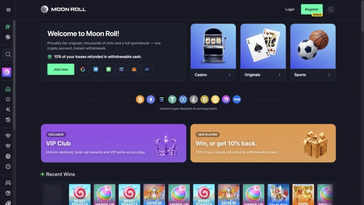 MoonRoll's homepage promotes originals, slots and sports together, while its VIP and cashback offers sit in separate panels. “Instant withdrawals” is presented here as a marketing claim.
