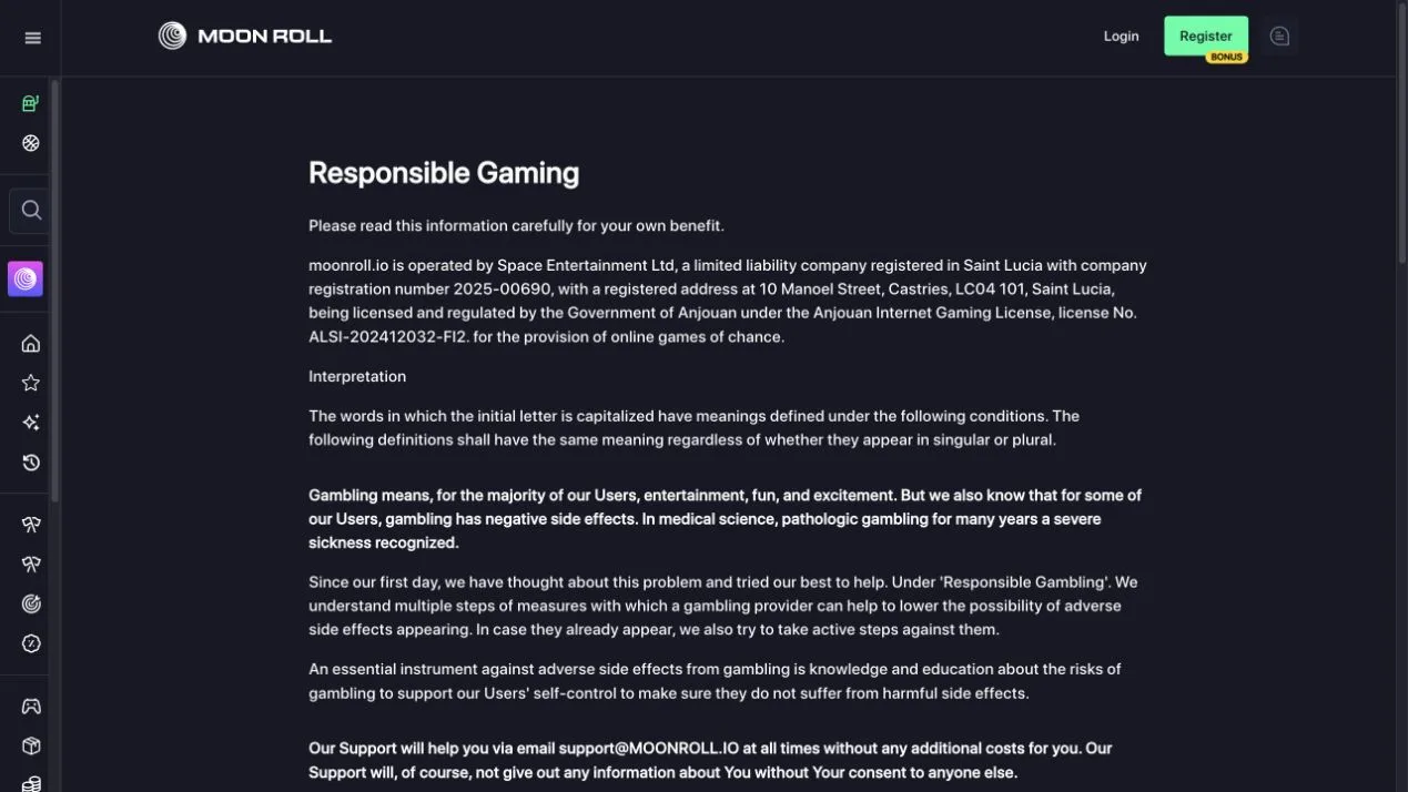 MoonRoll's responsible-gaming page identifies Space Entertainment Ltd. and directs customers to its support email for help, while explaining the purpose of its player-protection measures.